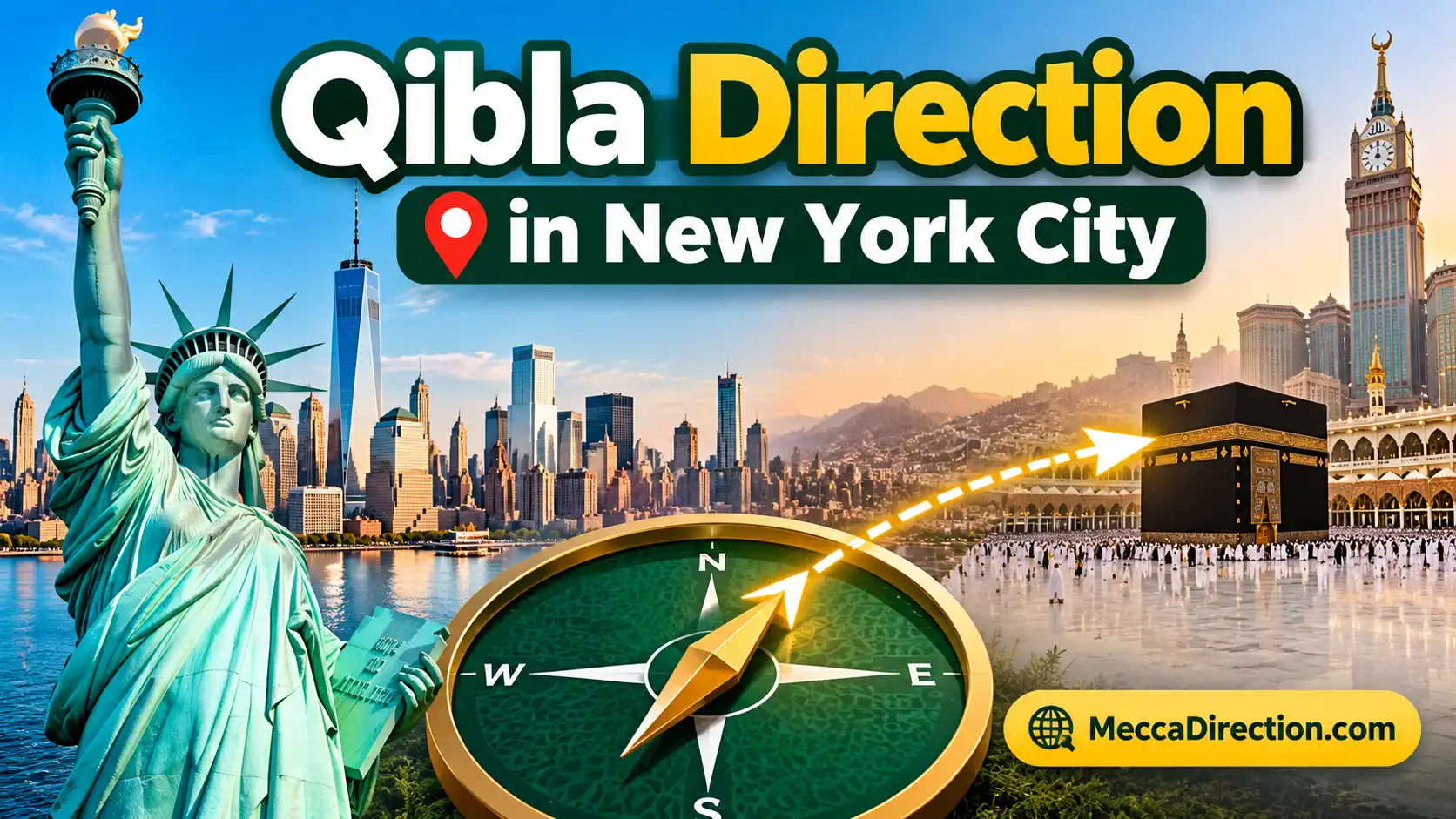 Illustration showing the Qibla direction from New York City toward the Kaaba in Makkah